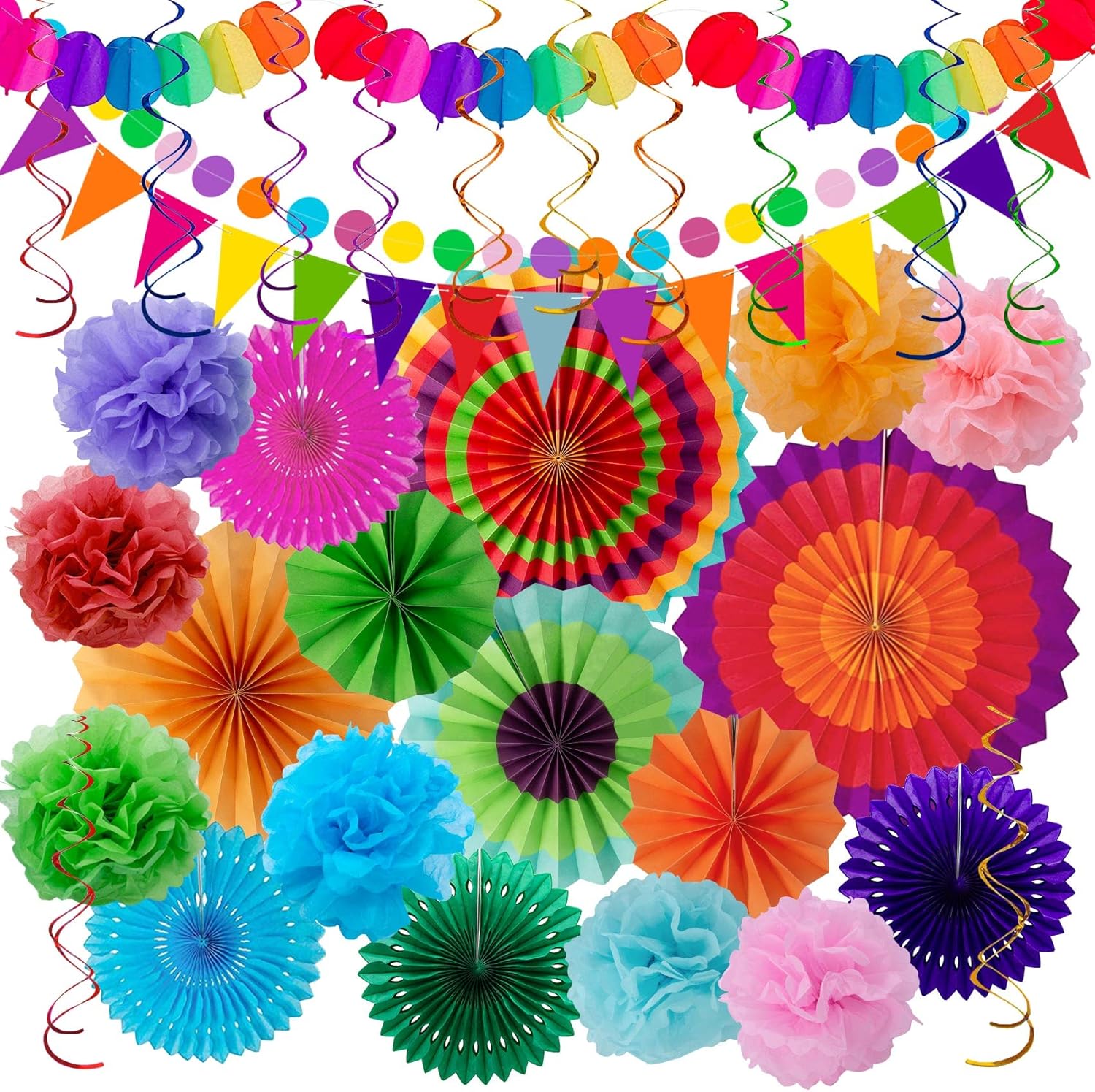 Décoration de Fête Colorée pour les Fêtes les Anniversaires et les Carnavals - 33 Pièces Avec des Éventails en Papier Suspendus, des Pompons, des Rubans en Tissu et des Guirlandes de Fanions