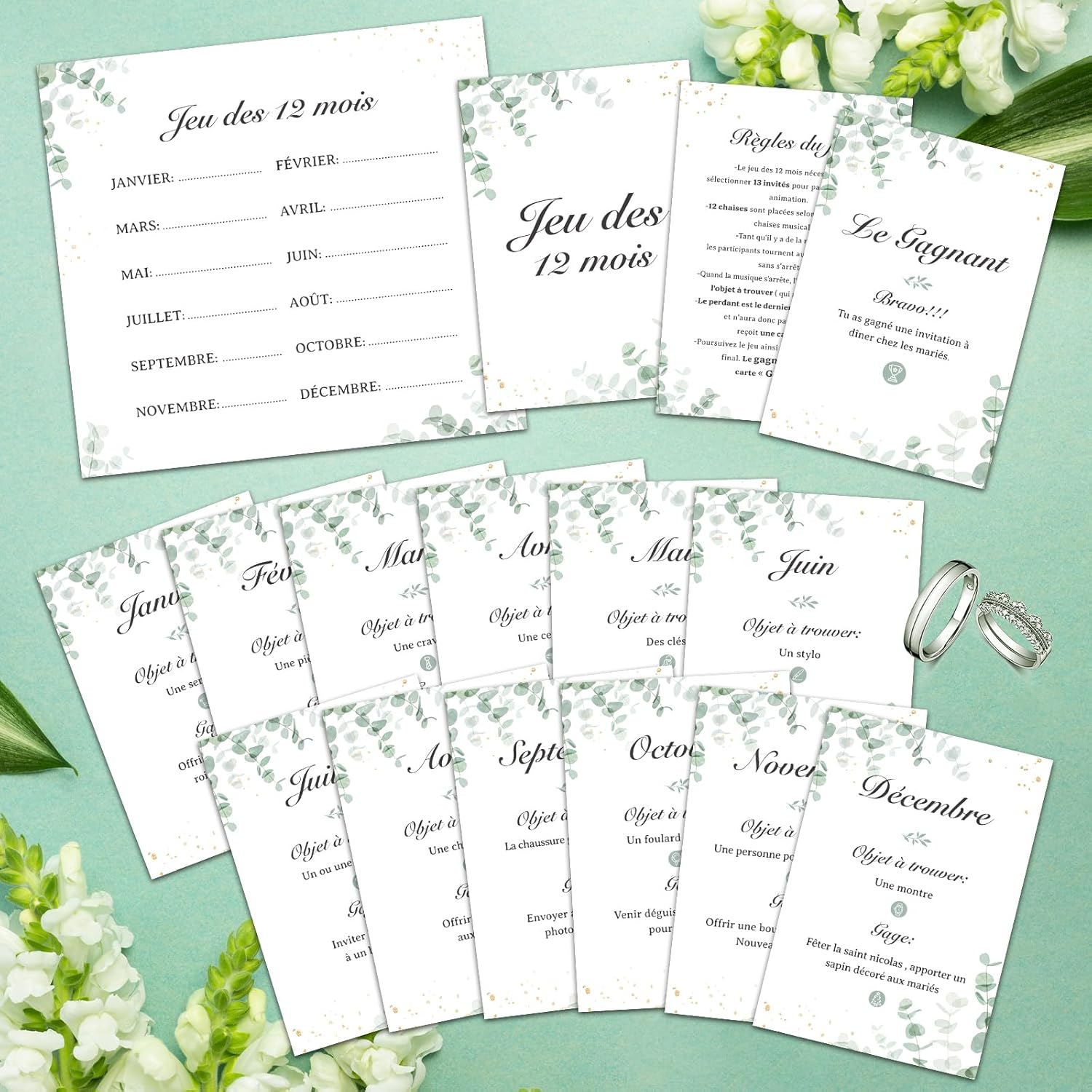 Jeu de Mariage des 12 Mois Personnalisé pour les Invités 16 Feuilles Cartes de Jeux Amusant forme Feuille Eucalyptus Jeu d'Animation de Mariage Décoration Mariage Blanc+Vert- Jeu des 12 mois