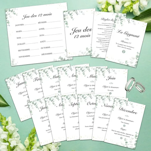 Jeu de Mariage des 12 Mois Personnalisé pour les Invités 16 Feuilles Cartes de Jeux Amusant forme Feuille Eucalyptus Jeu d'Animation de Mariage Décoration Mariage Blanc+Vert- Jeu des 12 mois