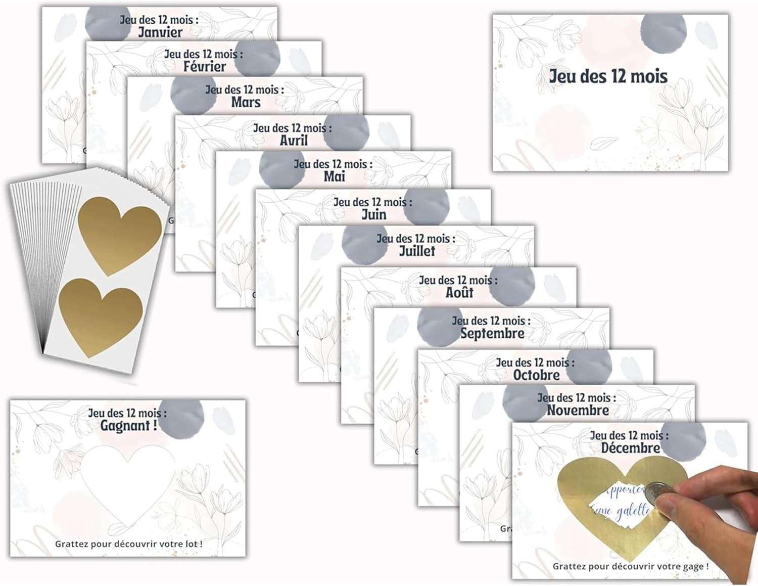 Nouveau : Jeu des 12 Mois à Gratter pour Mariage: Kit Animation idéal avec 13 Cartes Coeurs Personnalisables, Amusez Les Invités avec des Défis créatif Inoubliables, Format 15x10cm, qualité supérieur