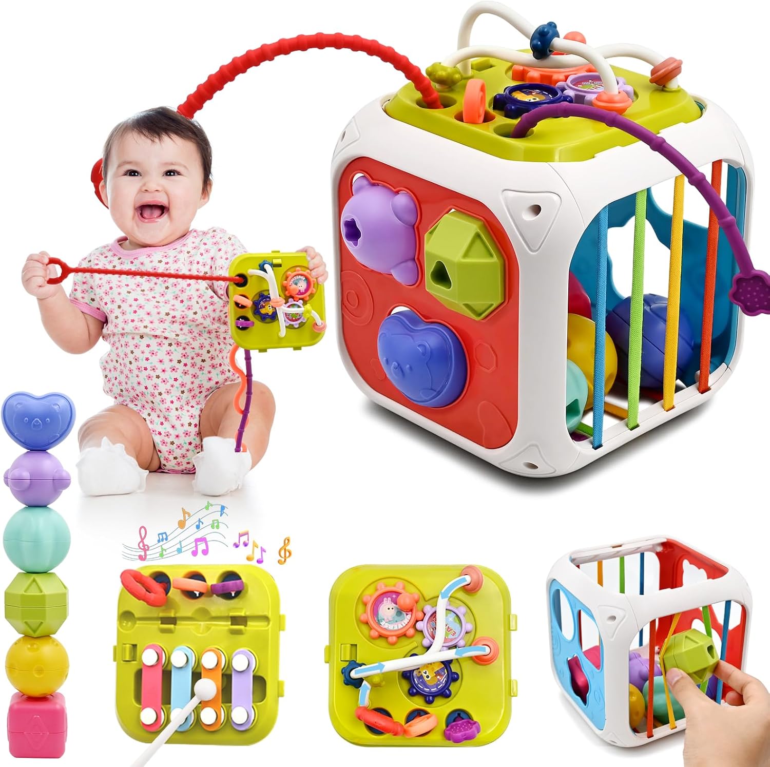 Jouet Bebe 1 2 An, 7 in 1 Montessori Sensoriel Jouets pour Bebe 6 9 12 18 Mois Naissance Fille Garcon, Cadeau Educatif Motricité Cube d'activité Jeux pour Enfants 1 2 Ans Anniversaire Noël Cadeau 7 en 1 Cube d'activité