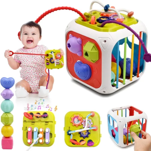 Jouet Bebe 1 2 An, 7 in 1 Montessori Sensoriel Jouets pour Bebe 6 9 12 18 Mois Naissance Fille Garcon, Cadeau Educatif Motricité Cube d'activité Jeux pour Enfants 1 2 Ans Anniversaire Noël Cadeau 7 en 1 Cube d'activité