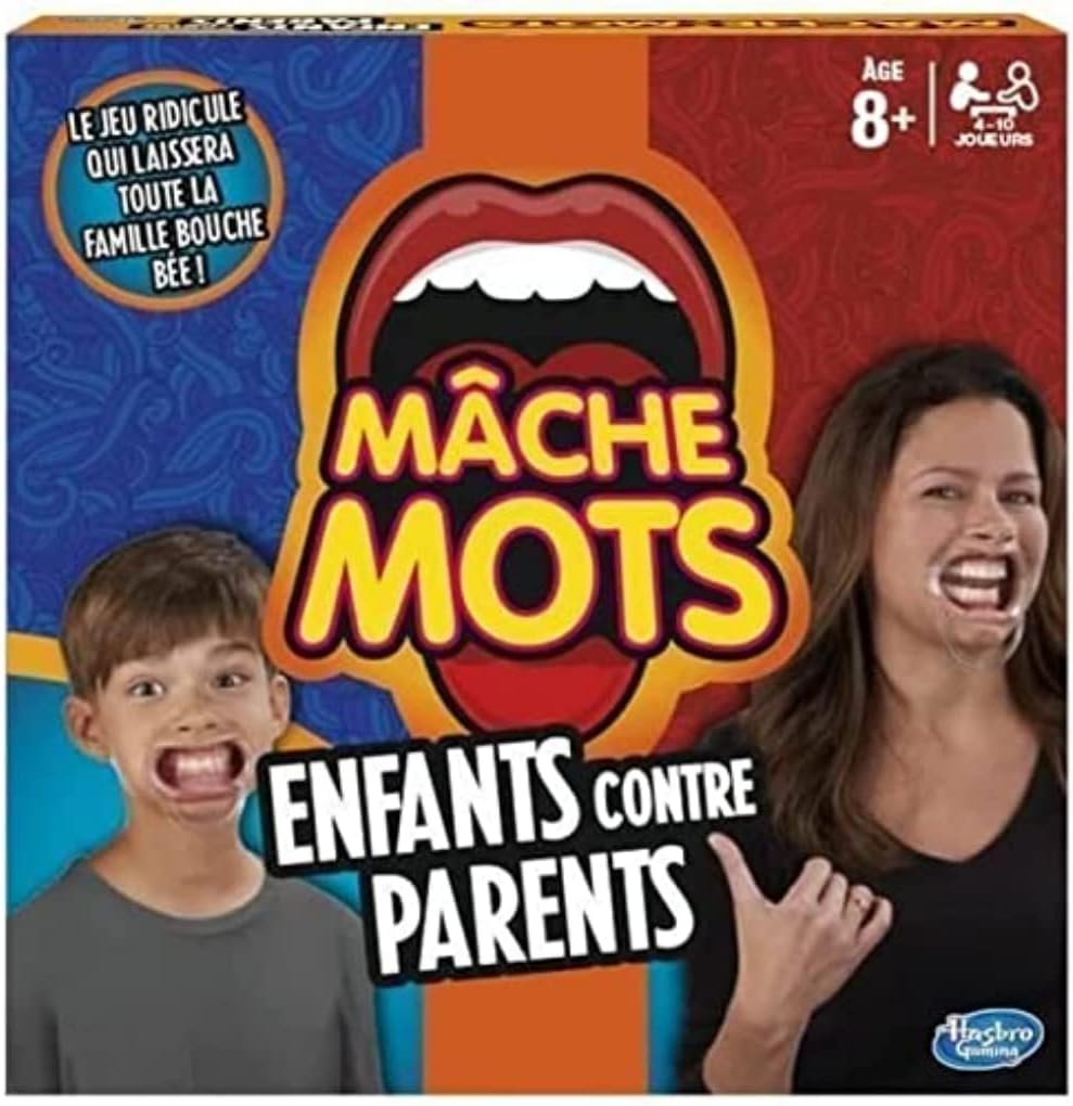 Hasbro Mâche-Mots Enfants Contre Parents, Jeu de Société Drôle et Rapide, Jeu d'Ambiance et de Soirée pour Toute la Famille, dès 8 Ans, Version Française