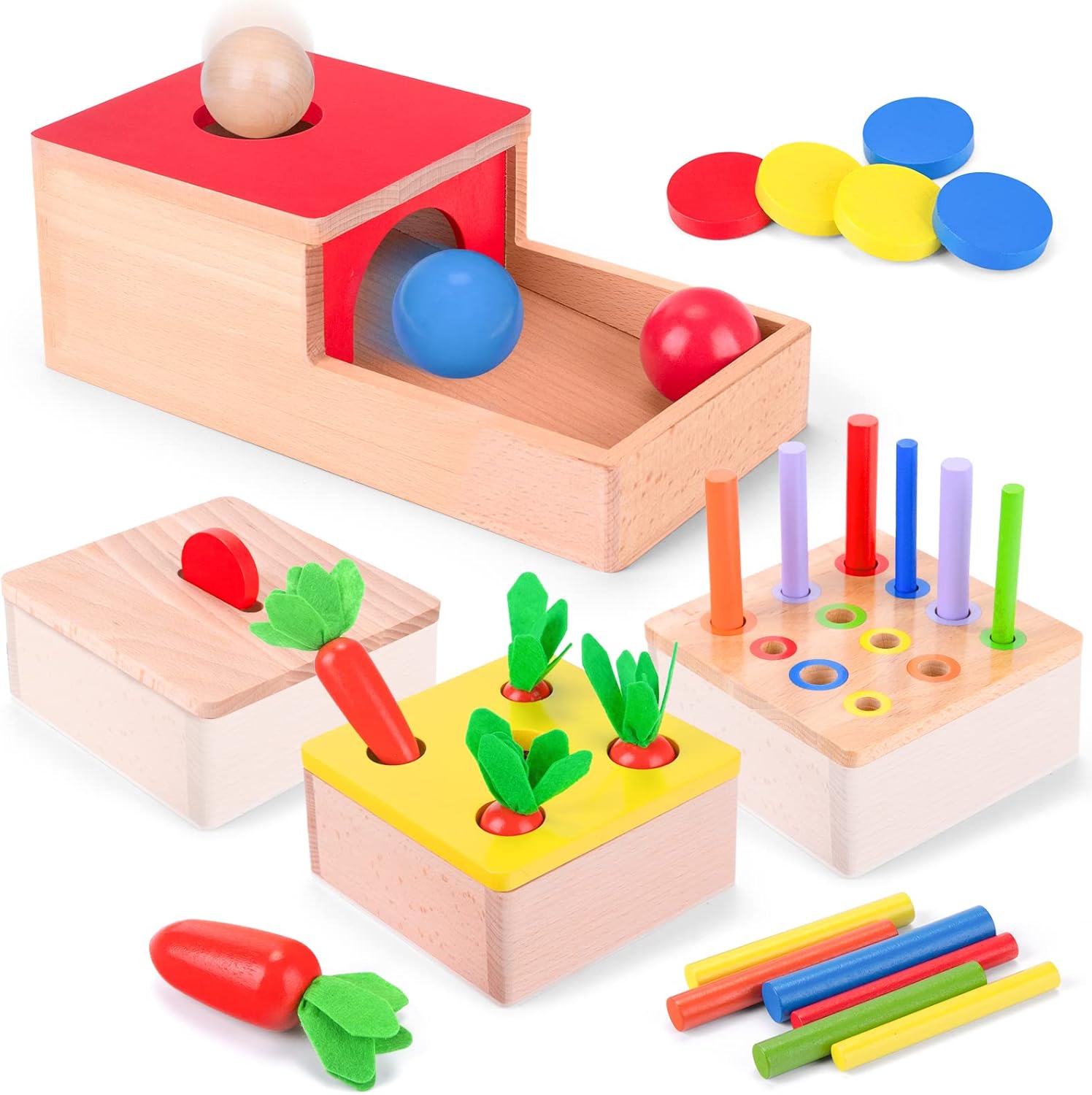 LZDMY Jouets Montessori en Bois 10-36 Mois Bébé, Jouet Éducatifs Enfant 1 2 3 4 5 Ans Jeux Montessori Object Boîte Permanente, Jeu de Tri, Puzzle Carottes en Bois, Noël Cadeaux Enfants d'anniversaire Jouet 4 en 1