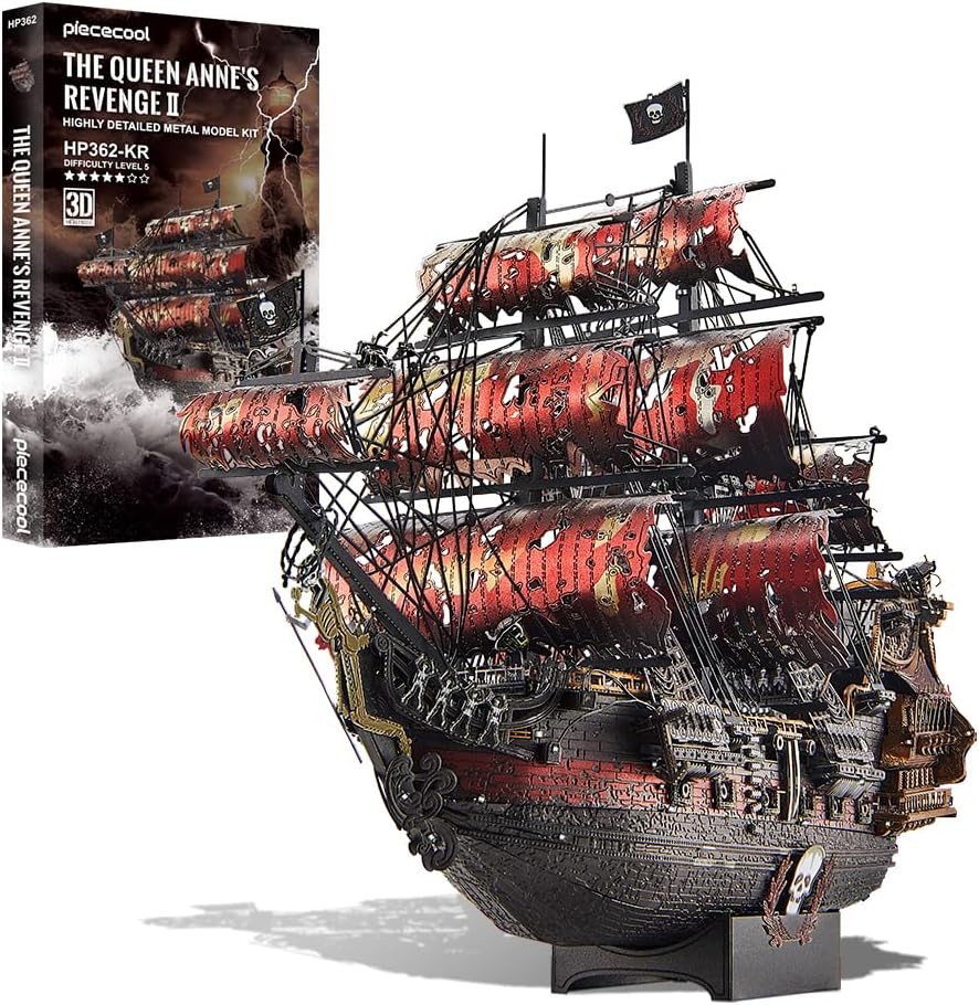Puzzle 3D Metal Queen Anne's Revenge, 3D Puzzle Adulte Maquette Bateau de Pirate pour Acier Inoxydable, Tout en Métal, Maquette Metal, Cadeaux, Objets Collection, 439 Pièces (Rouge) Reine Anne Vengeance II
