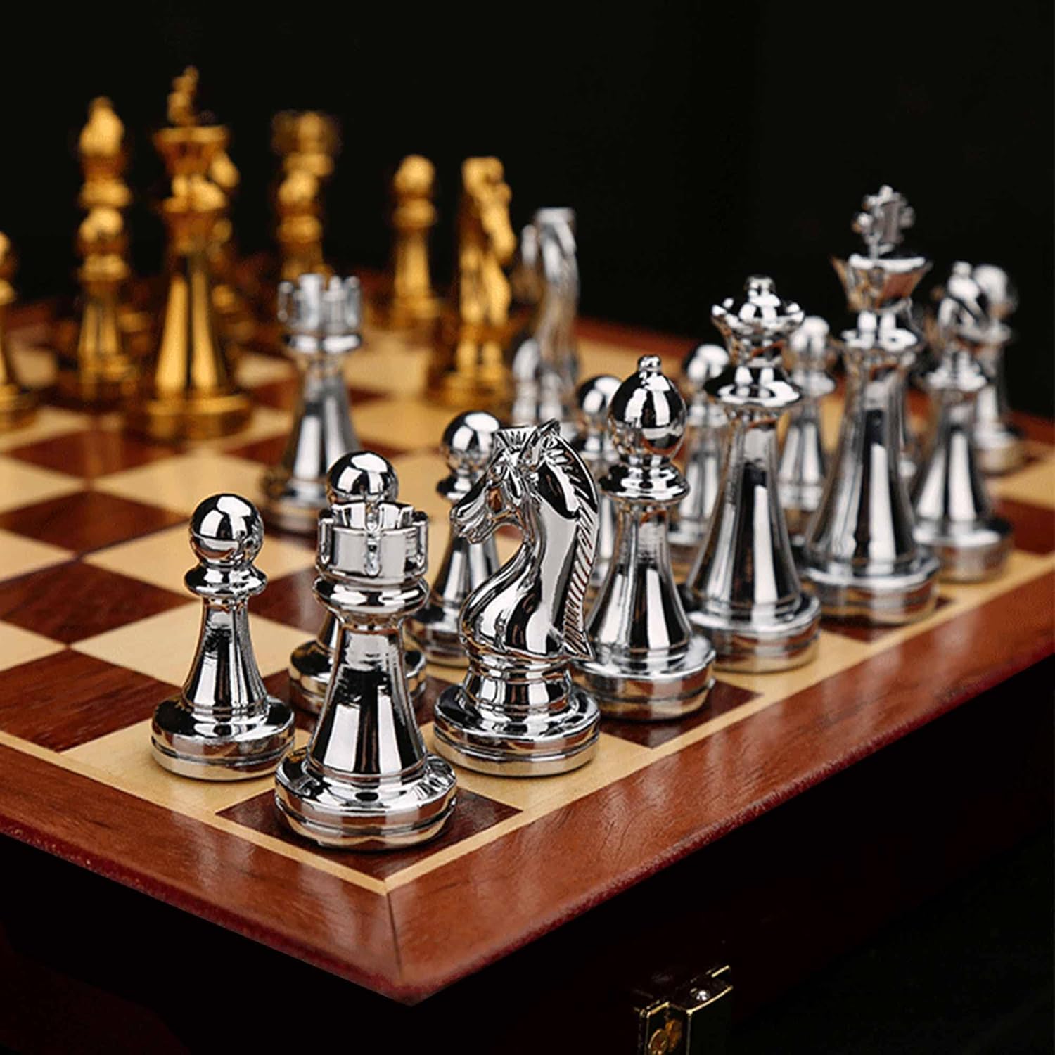 MZSX Jeu d'échecs Pliable, Metal Pur, Prime de Luxe, Jeux d'echec Chess Echequiers Pièces Grand pour Adulte Enfants échecs, Jeux Logique Tactique pour Enfants ou Adultes, Coffret Cadeau Or et Argent