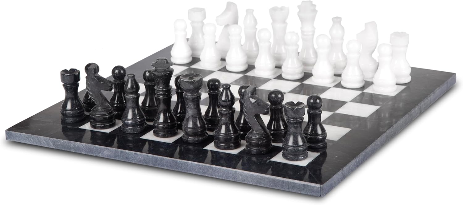 Ensemble d'échecs de luxe en marbre fait main de 30,5 cm – Marbre noir et blanc de l'Himalaya – Cadeau élégant pour les amateurs d'échecs