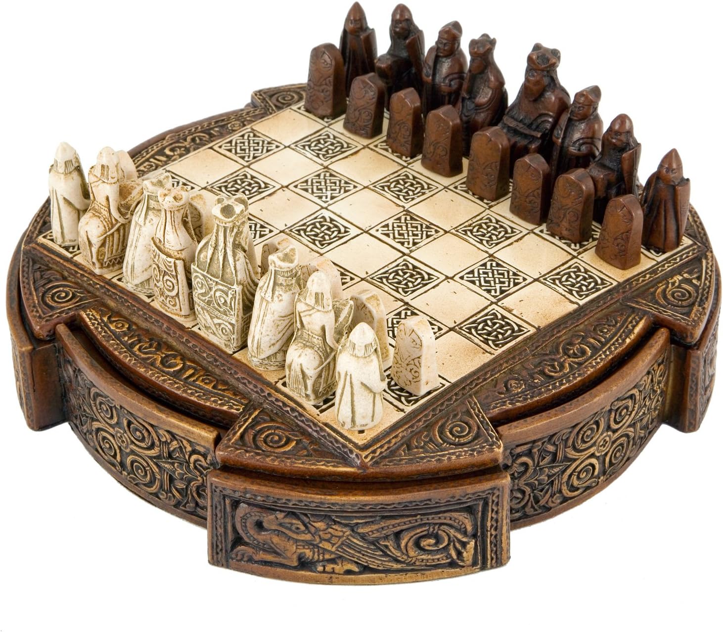 Jeu d'échecs celtique compact marron de l'île de Lewis – Échiquier de 20,3 cm et pièces miniatures – Fabriqué en Angleterre