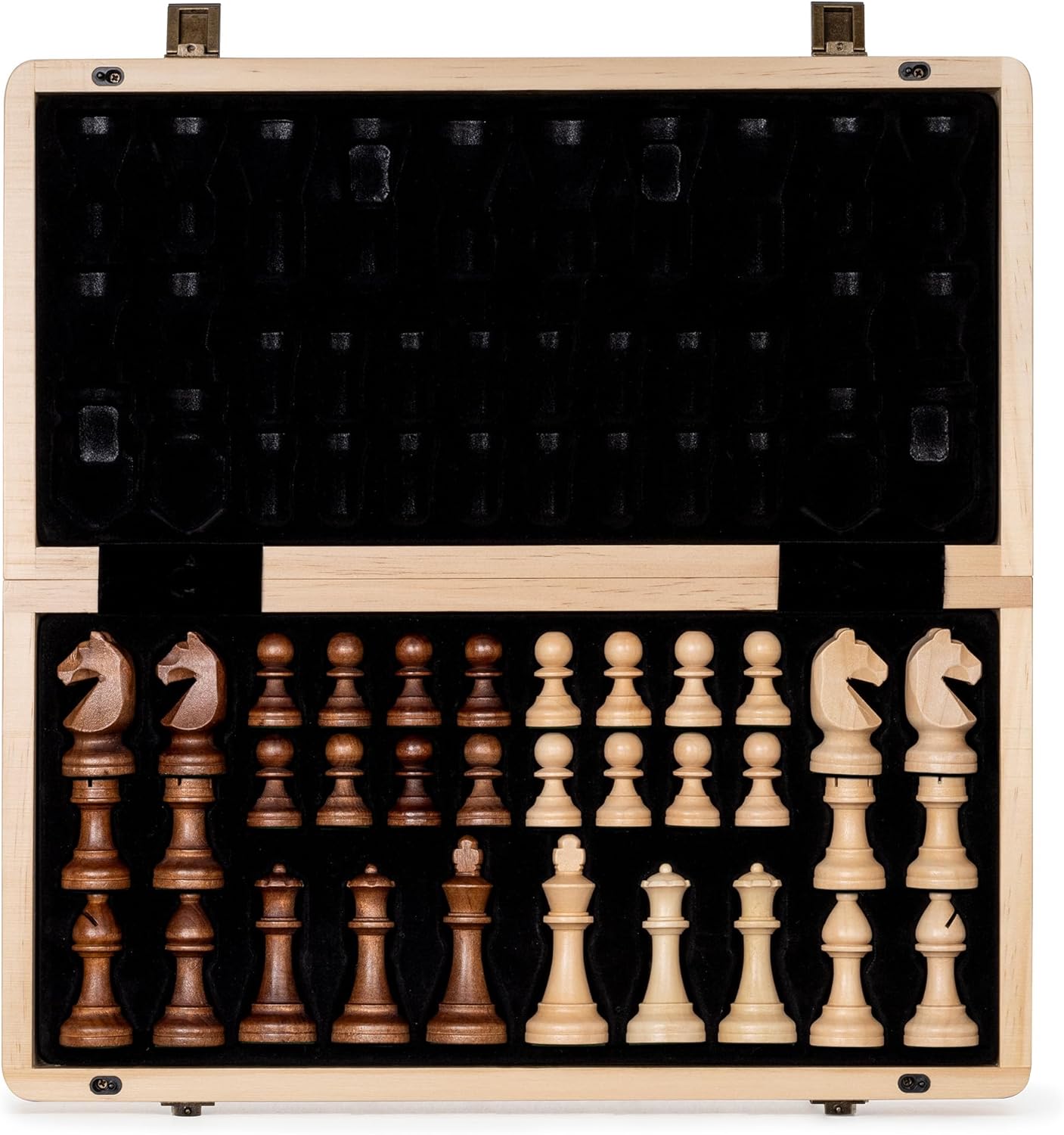 A&A Jeu d'échecs magnétique Pliable en Bois de 38,1 cm avec pièces d'échecs Staunton de 7,6 cm de Hauteur - boîte en pin avec Incrustation en Noyer et érable Jeu d'échecs uniquement - Pièces magnétiques