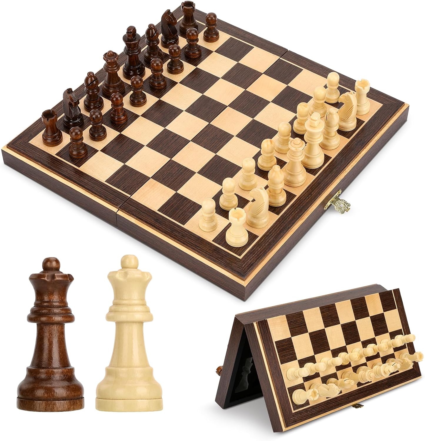 Jeu d'échecs Echiquier en Bois Magnétiques, Echec avec Double Reines, Échiquier de Voyage Pliables, Jouets et Cadeaux de Jeux Éducatifs pour Adultes et Enfants (30 X 30CM)
