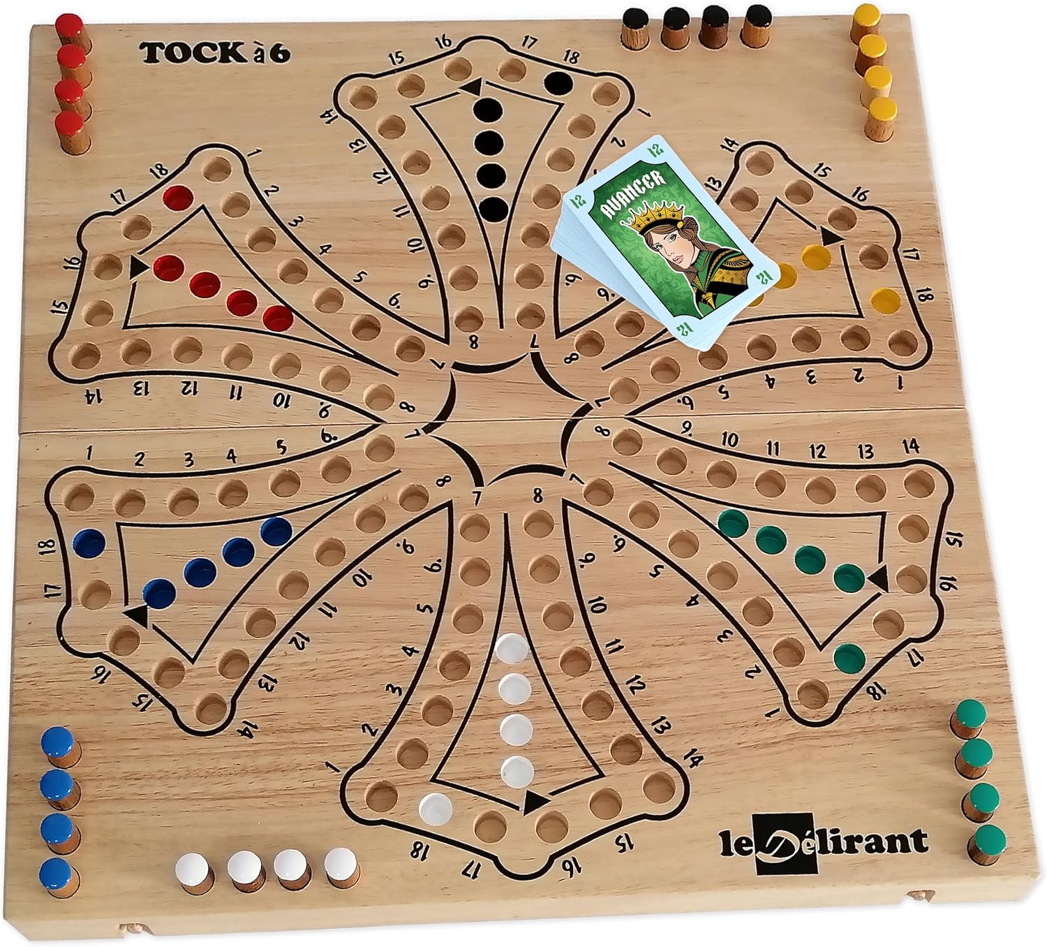 Jeu de TOC ou Tock XL 40x40 cm de Luxe, de 2 à 6 Joueurs, 6 Ans et + - Jeux de société Familial en Bois Massif d'hévéa, Fabrication Artisanale, Marque française Le Délirant®, Plateau - Boite Pliable.