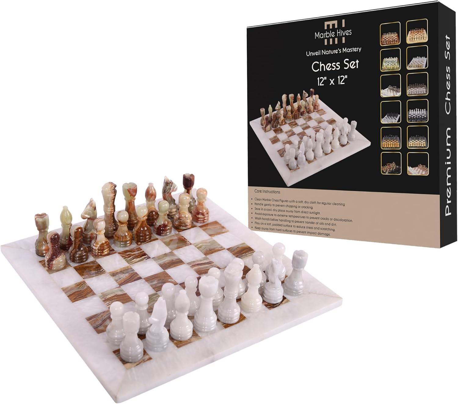 Jeu d'échecs de Luxe en marbre de 30,5 cm – Échiquier Classique pour Adultes avec Planche en Pierre fabriquée à la Main et pièces d'échecs en marbre – Idéal pour la décoration d'intérieur (Blanc et Onyx Blanc et Vert 12 x 12