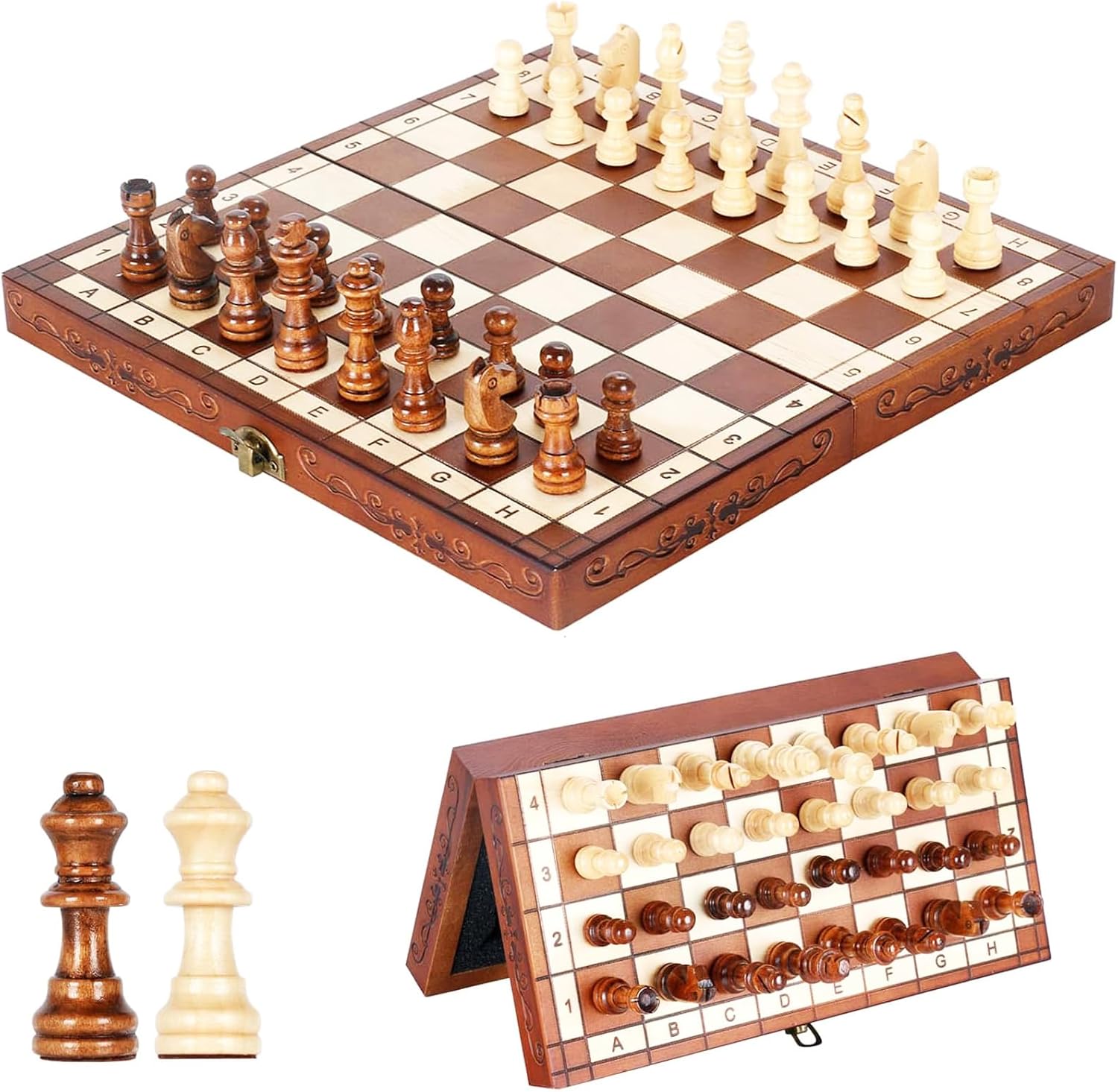 Syrace Jeu d'échecs en Bois Pliable Fait Main (magnétiques) Brun/Crème L
