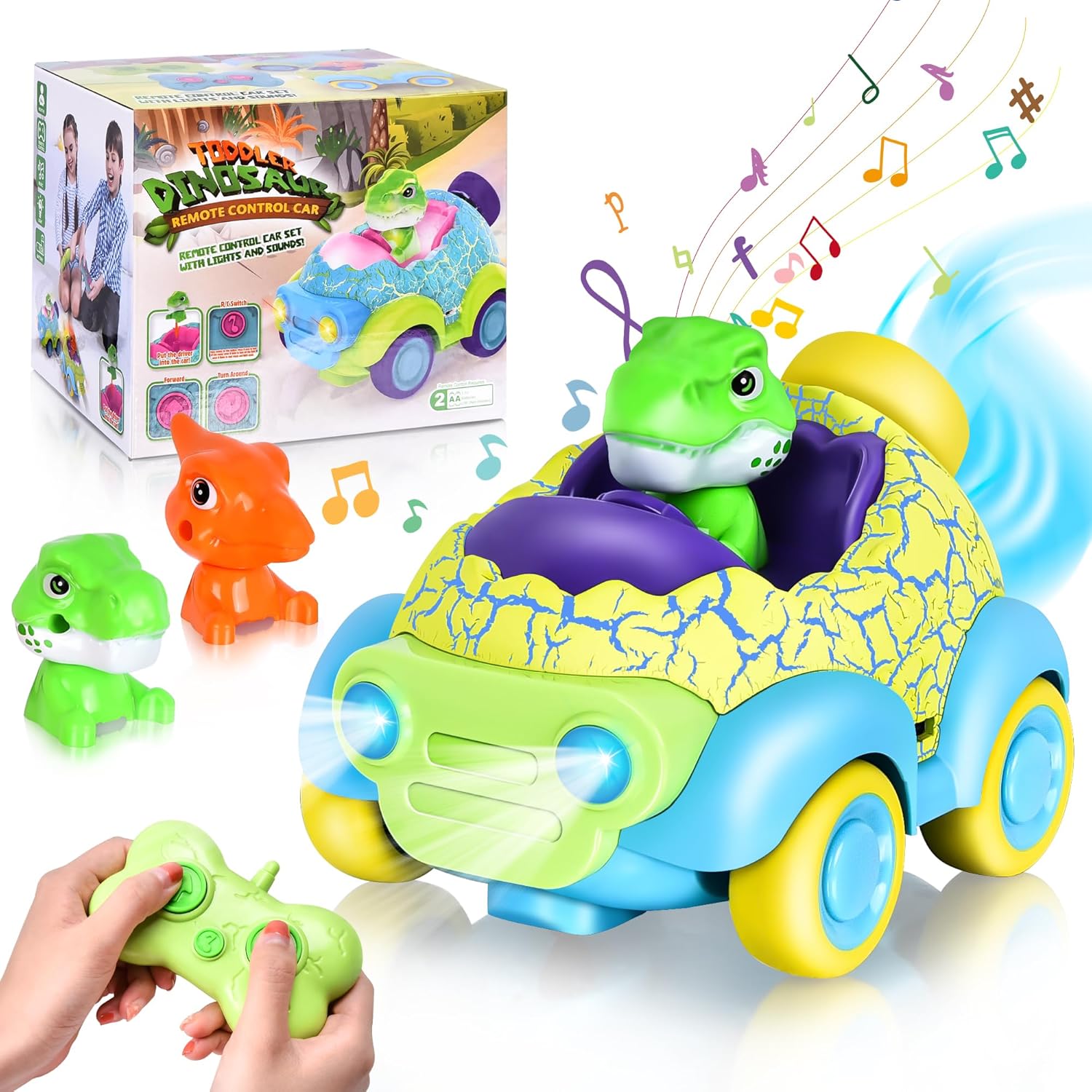 Aragallant Voiture Telecommandé Dinosaure, Jouet Dinosaure avec Musique et Lumières, Voiture RC pour Garçons Filles, Cadeau Anniversaire Noël pour Bébés Enfant 2 3 4 5 6 Ans