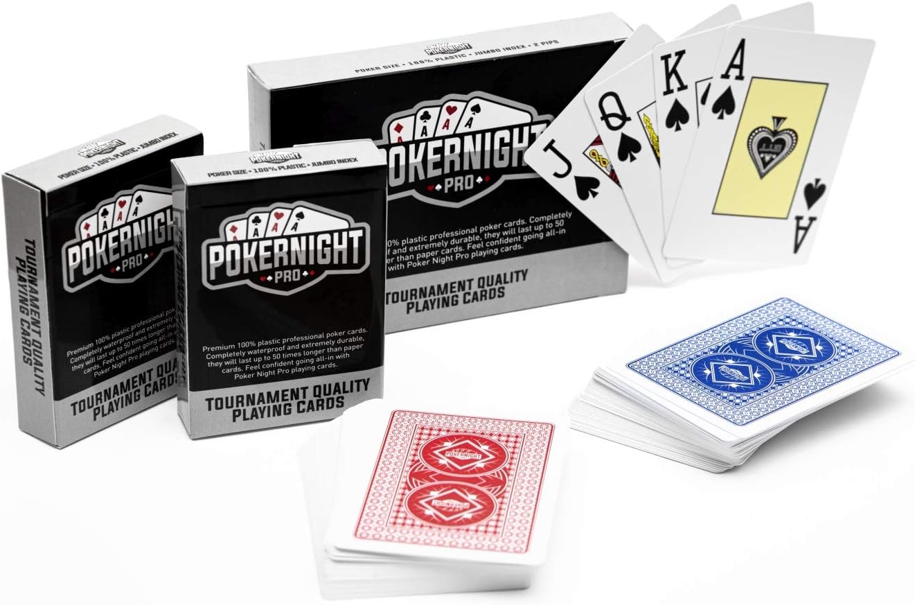 Poker Night Pro 2 Jeux de Cartes à Jouer Professionnelles 100% Plastique Texas Holdem Poker de (1 x Rouge / 1 x Bleu) - 54 Pièces par Jeu, y Compris 2 Jokers - Index Jumbo - Qualité Super Casino Rouge et Bleu