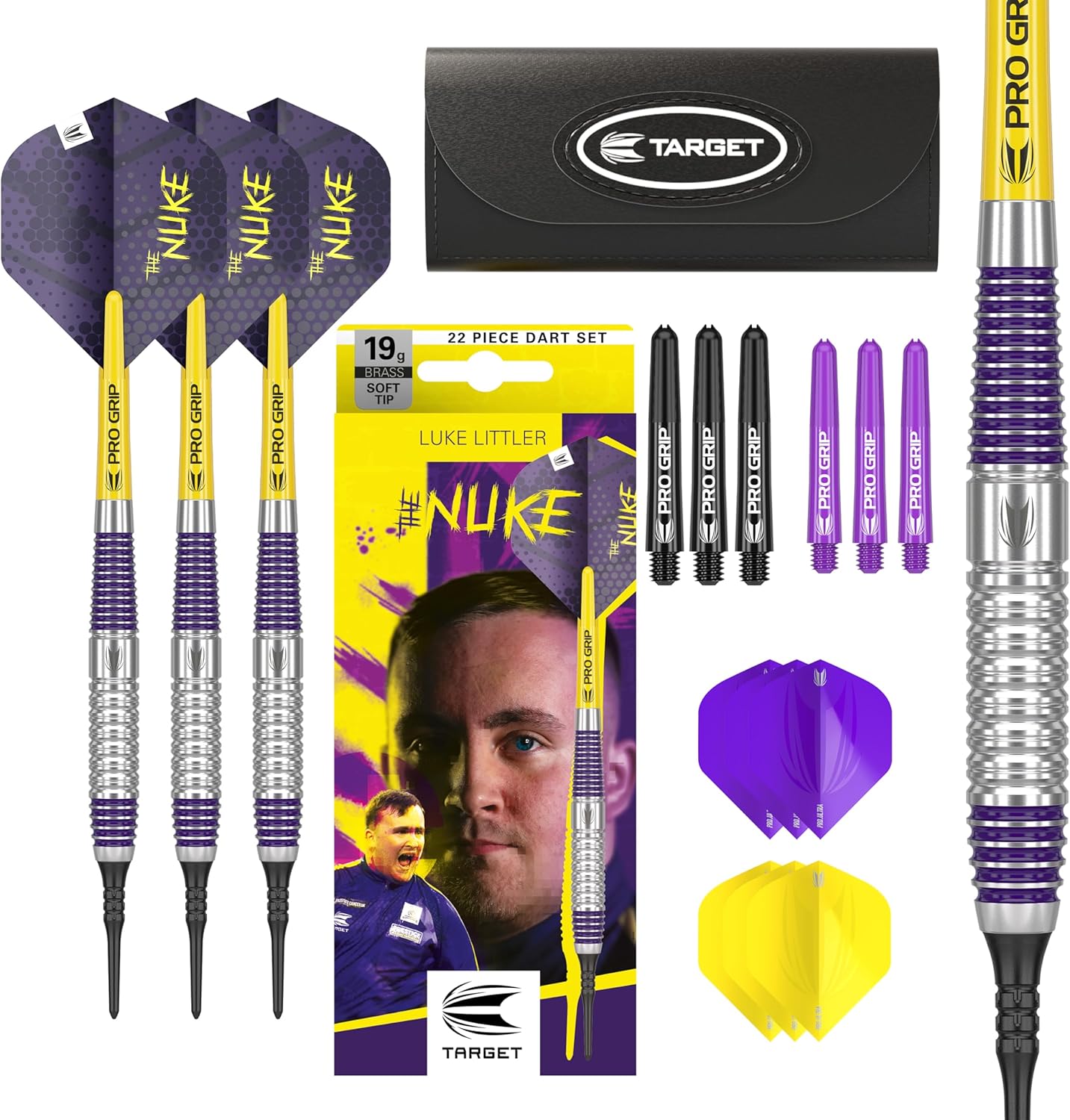Target Darts Luke Littler Ensemble de Fléchettes à Pointe Souple en Laiton - Fléchettes à Pointe en Pixel 19G, Ensemble de Fléchettes The Nuke Player Edition, Flights de Fléchettes, Flèches et Étui