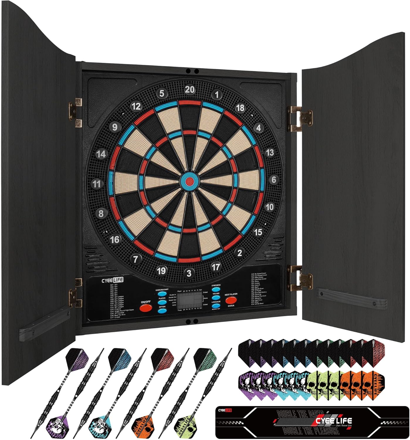 CyeeLife Cible de Fléchettes Électronique avec Meuble en Bois, Machine à Fléchettes Électronique, Cible avec 34 Jeux et 355 Variantes, Mode 8 Joueurs Noir Standard