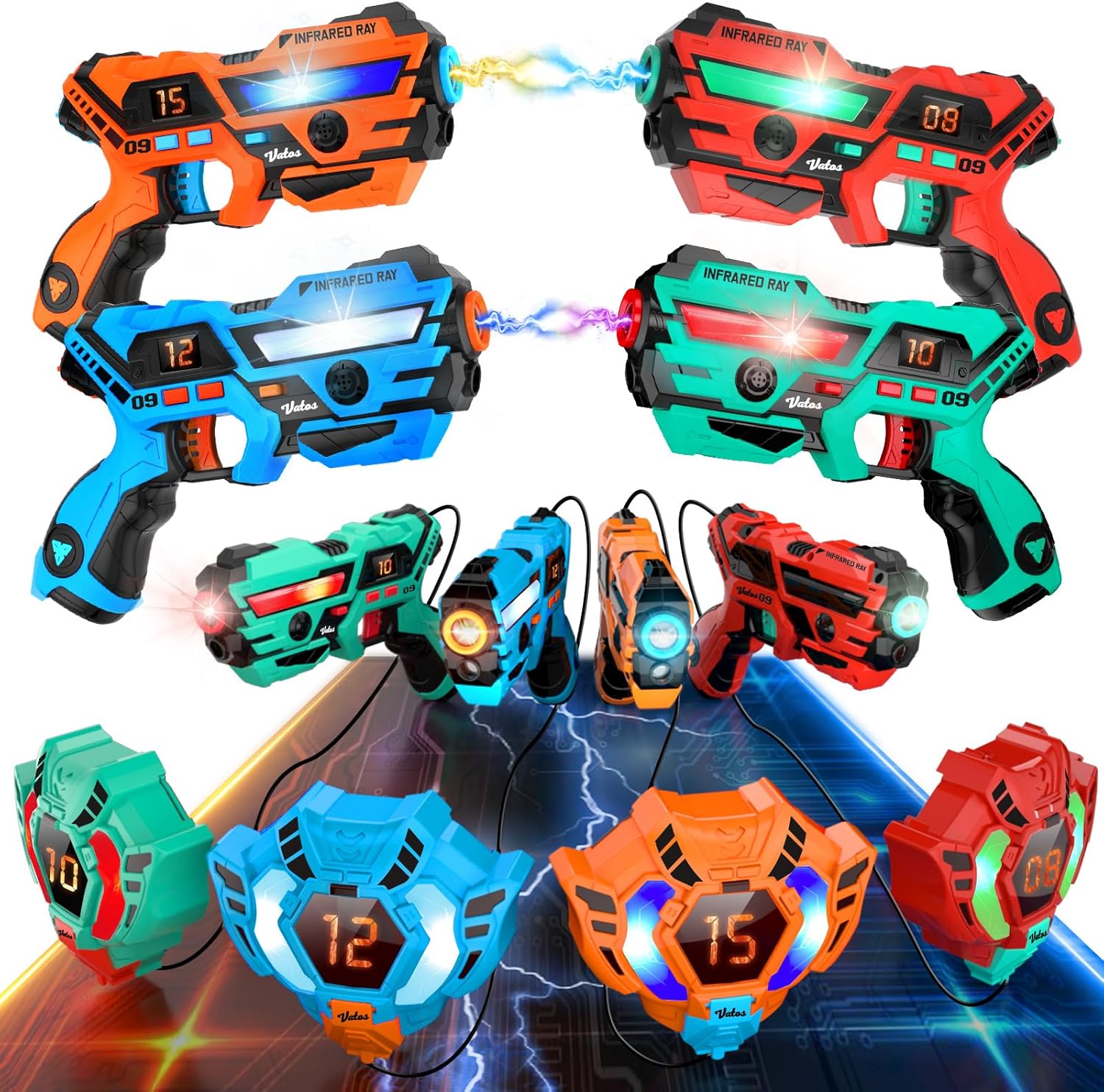 Tag Laser Rechargeable 4 Packs - Jeu de Tag Laser Infrarouge Sync en Temps réel, Jeu de Tir Lazer Tag 4 Joueurs pour Enfants et Adolescents de 6 à 12 Ans, Intérieur et Extérieur Rouge, Bleu, Orange et Vert 4 paquets