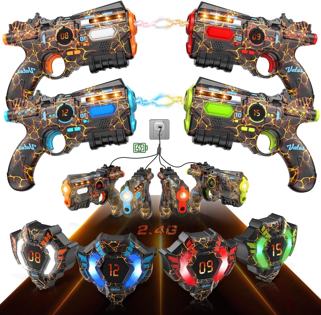 Laser Tag Rechargeable 4 Joueurs - 4 Pistolets et 4 capteurs de Veste entièrement synchronisés avec Les données 2.4GHz - Jouets et idées d'anniversaire Laser Tag Gun pour Les Enfants Rouge, Bleu, Orange et Vert 4 paquets