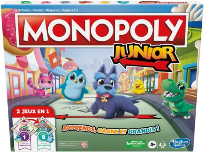 Hasbro Gaming Monopoly Junior, Jeu de Société pour Enfants, Plateau de Jeu Recto-Verso, 2 en 1, Jeux Éducatifs, Version Française