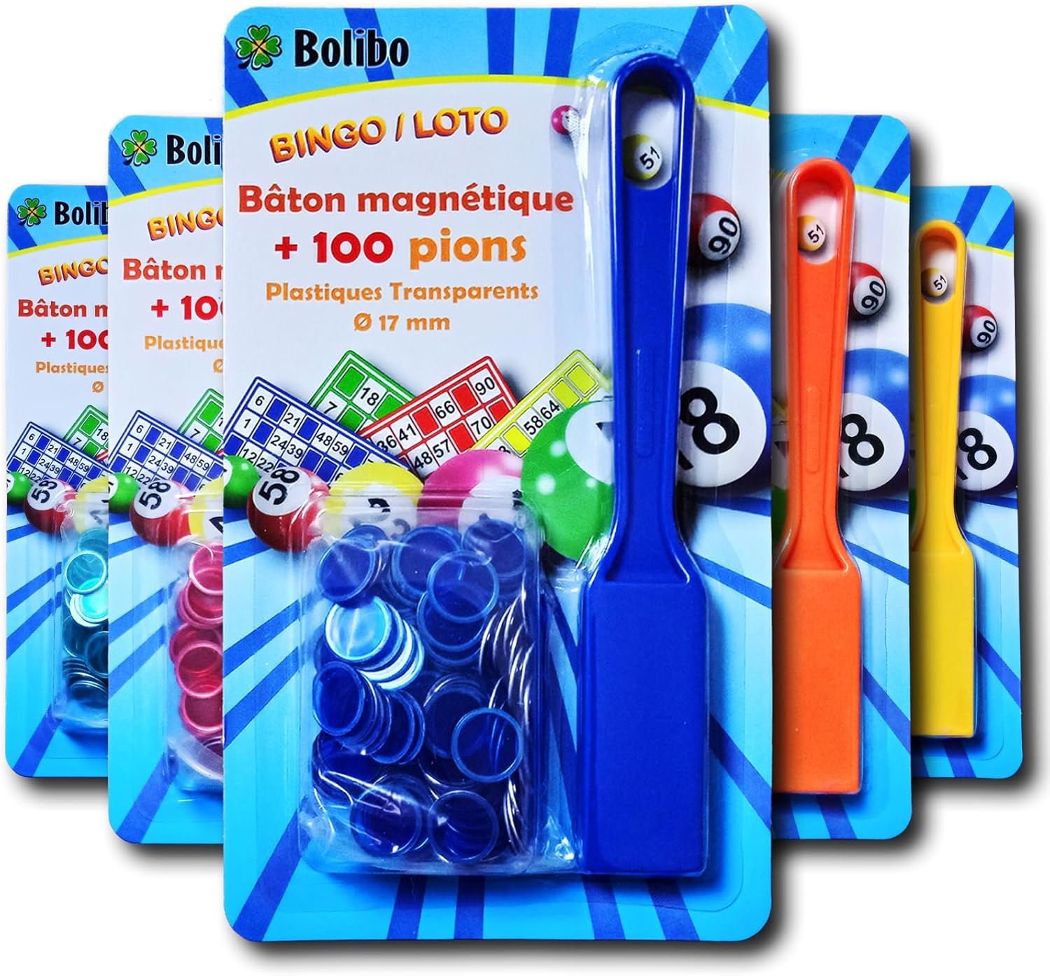 Bolibo JETON Loto magnétique - Bâton magnétique + 100 PIONS - 17 mm de diamètre - Coloris au Choix - Bleu, Orange, Jaune, Vert, Rouge, Violet.. - - (Bleu)