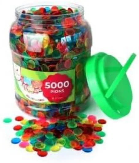 Boite 5000 pions de marquage Loto 15 mm, Vert/Rouge/Bleu/Orange/Rose - jetons pour Carton Grille - Set Accessoire Jeu Bingo et Carte