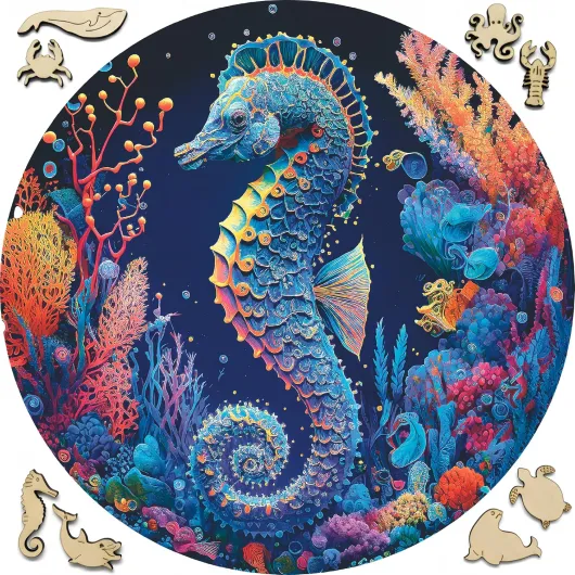 Puzzle Animaux en Bois - Puzzle Rond en Bois - Puzzle Ocean - Cadeau Original pour Noël et Anniversaire - Puzzle Hippocampe M Seahorse