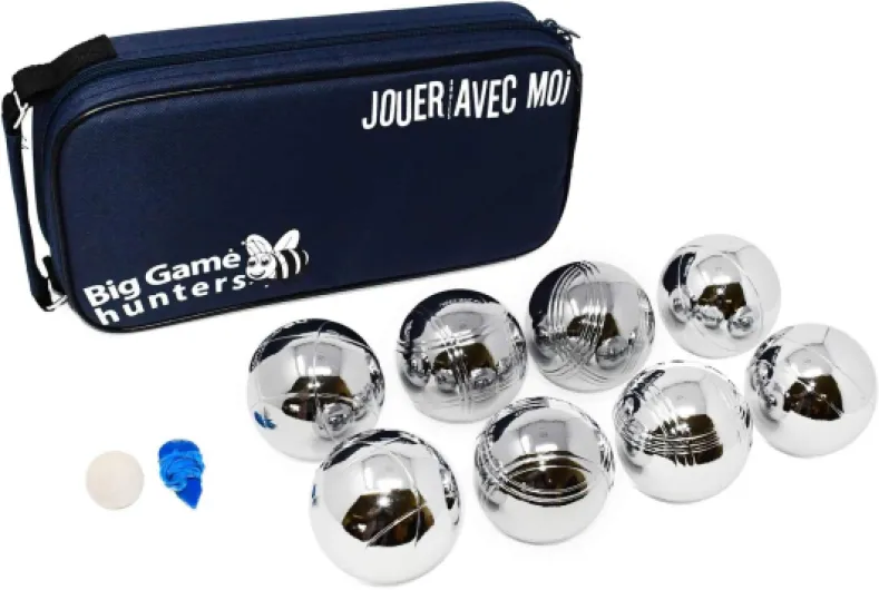 Big Game Hunters Set de 8 Boules de Pétanque avec Protection Antirouille et Sacoche de Transport en Toile - de Luxe Durable Jeu de Boules de Taille Officielle Polies et Gravées