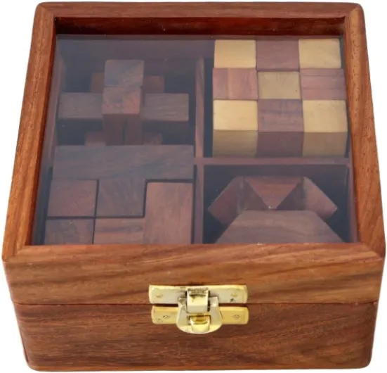 Coffret Casse-Tête 3D en Bois 4-en-1 - Bavure Diagonale, Cube Soma, Cube Serpent & Blocs imbriqués - Jeu de logique pour Ados & Adultes avec boîte de Rangement, Fait Main, Cadeau 4 in 1