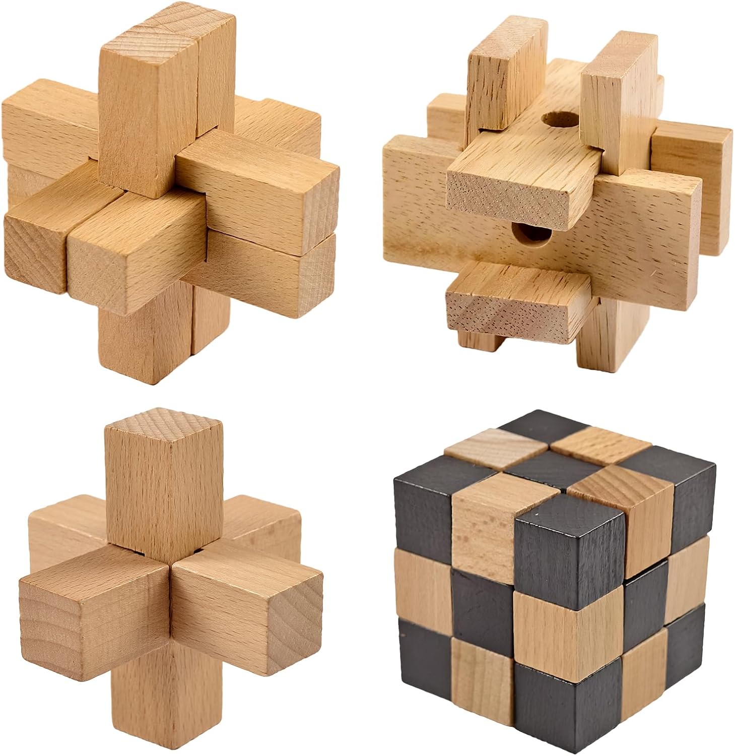 4 Pièces Casse-Tête en Bois Puzzle 3D Jeu de Logique Educatif Jeu de Patience Jigsaw Lock Cube, Intelligence Géométrie Logique Défi Jouet IQ Jeu de Réflexion pour Enfants et Adultes #072