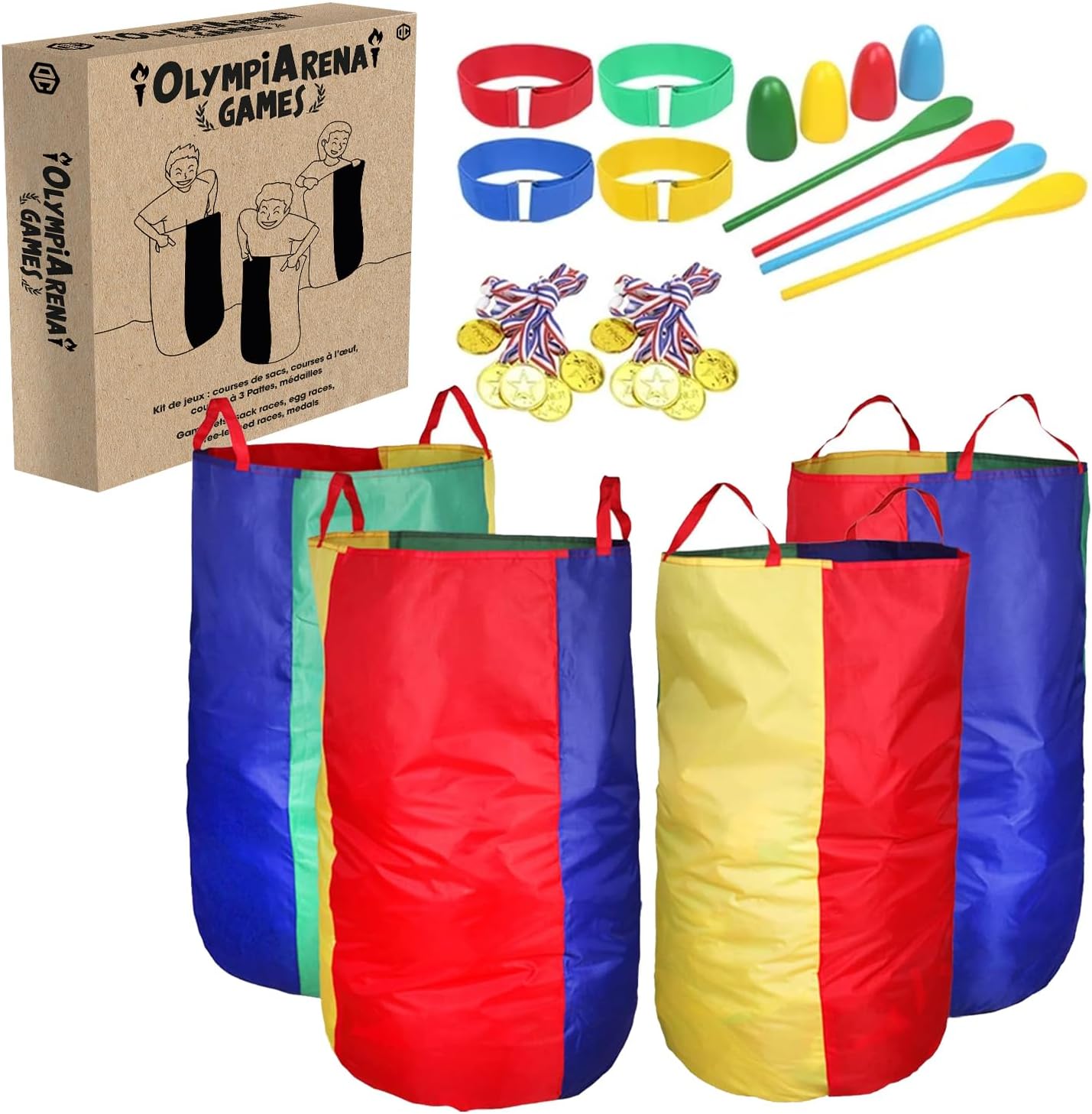 OlympiArena® Jeux Kermesse Enfants - Course en Sac, Courses à l'oeuf, Course 3 Jambes - 12 Médailles Incluses - Activités Anniversaire Plein Air - Amusant & Ludique - OriginalCorner®