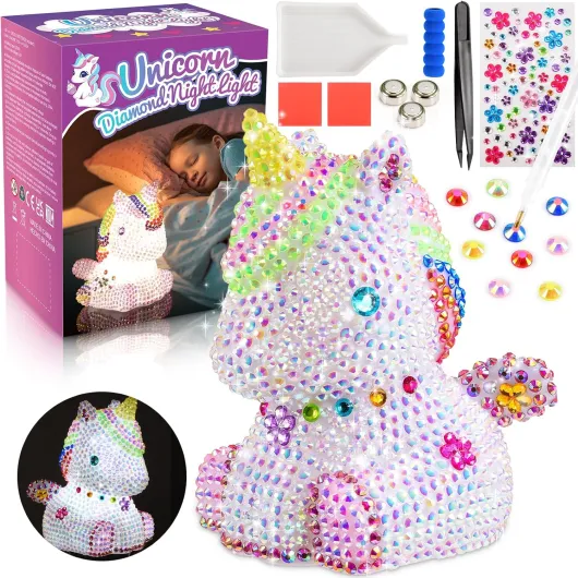 HappyGoLucky Activités Manuelles pour Enfants, Veilleuse Licorne Cadeau Fille 3-10 Ans, Lampe de Chevet Diamond Painting, Jeux et Cadeau Anniversaire