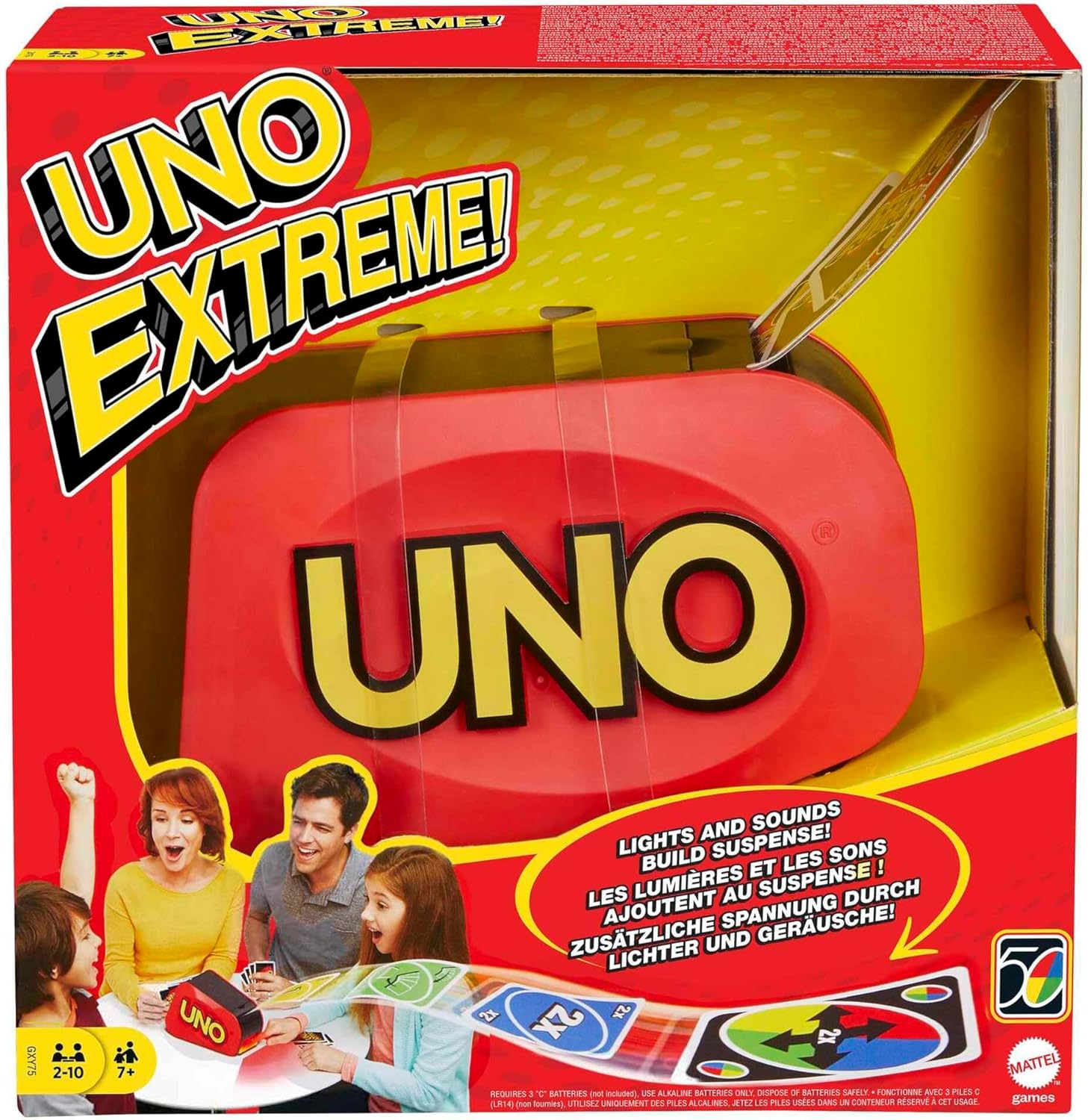 Jeu de Cartes UNO Extreme avec Distributeur aléatoire émettant des lumières et des Sons, 112 Cartes - Jeu pour Enfants, Adolescents et Adultes - Cadeau pour Joueurs de 7 Ans et Plus, GXY75 Rouge - Uno Extrême