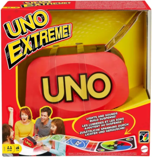 Games Jeu de Cartes UNO Extreme avec Distributeur aléatoire émettant des lumières et des Sons, 112 Cartes - Jeu pour Enfants, Adolescents et Adultes - Cadeau pour Joueurs de 7 Ans et Plus, GXY75 Rouge - Uno Extrême
