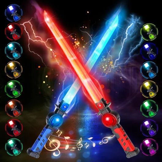 2PCS Sabres Lumineux Rechargeables pour Enfants, 15 Couleurs Variables avec Effets Sonores de Combat, Jouet de Sabre Lumineux LED Rétractable 2 en 1 pour Cosplay, Fêtes sur Samouraïs
