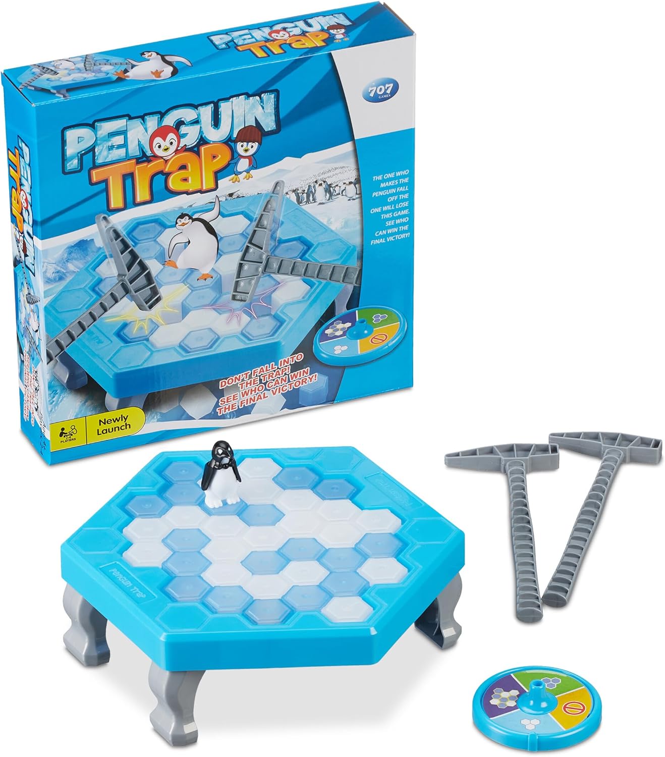 Jeu d’adresse : Qui fera Tomber Le Pingouin ?, Amusant, Familial, 2 à 4 Joueurs, dés 3 Ans, Bleu et Blanc