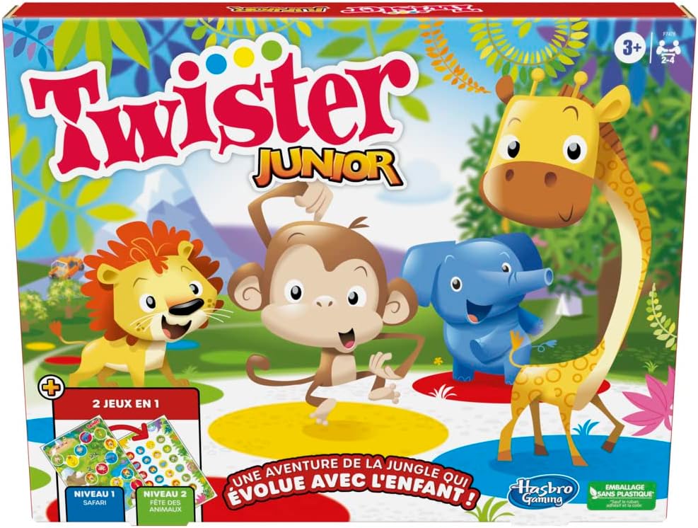 Jeu Twister Junior, Tapis réversible Aventure de la Jungle, 2 Jeux en 1, Jeu de Groupe d'intérieur pour 2 à 4 Joueurs