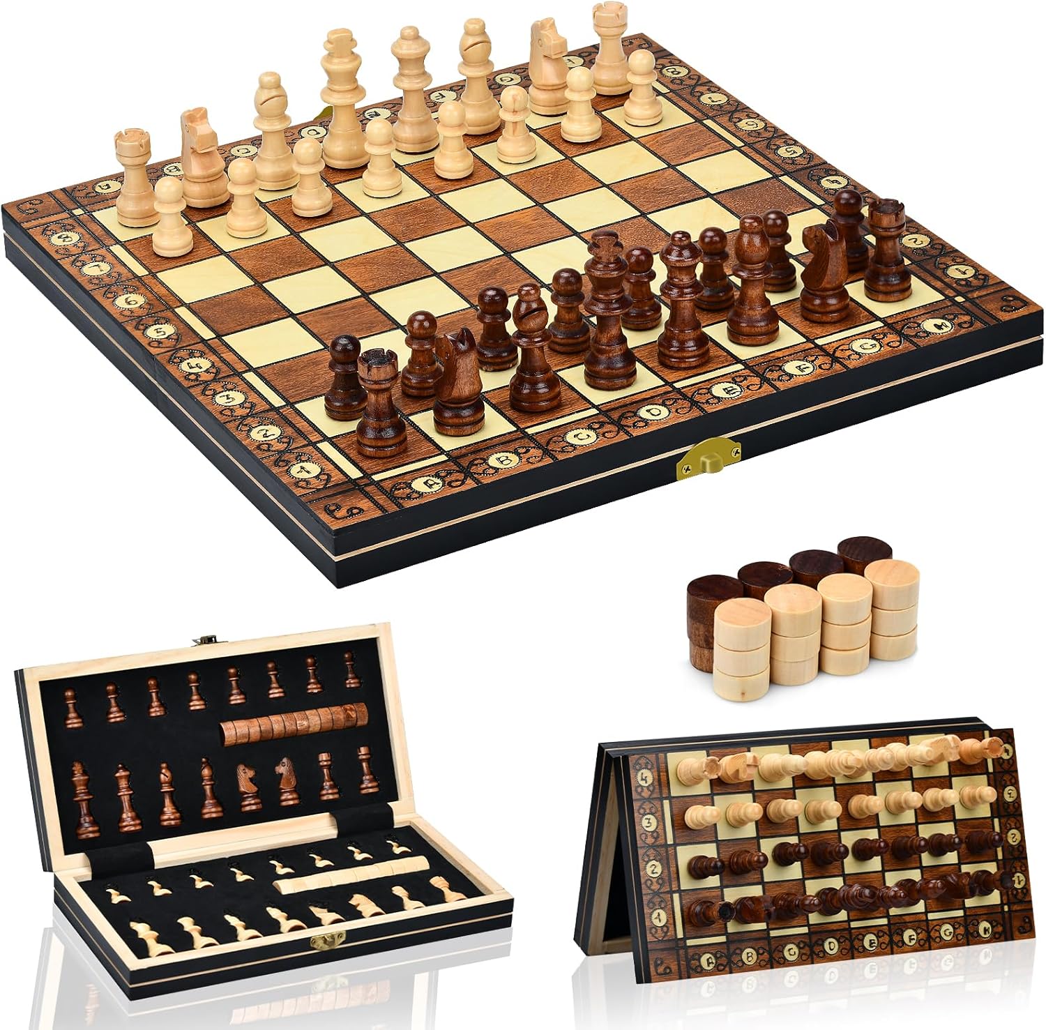 Jeu D'éChecs,2 en 1 Echiquier Magnetique,Echecs en Bois Pliable avec Emplacements De Rangement,pour Enfants Adultes, éChecs De Voyage,Jeux De Stratégie(29 * 29cm)
