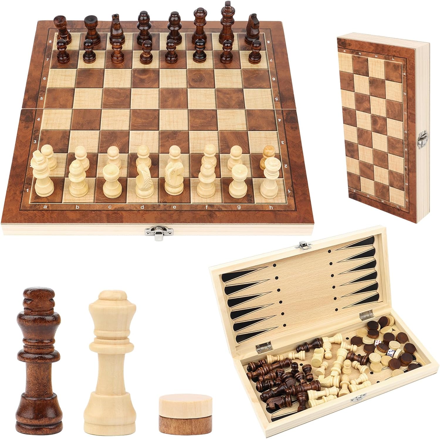 Jeu D'éChecs en Bois, éChecs 3 en 1, Pliable Portable Ensemble D'échiquier, Chess Board Set pour la Famille Activités Fête Adultes Enfants Voyages (29x29cm) (Claire)