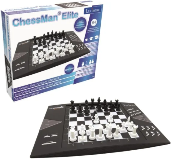 Chessman® Elite Echiquier Electronique Interactif, 64 Niveaux de difficulté, diodes Lumineuses, à Piles ou Adaptateur 9V, Noir/Blanc, CG1300