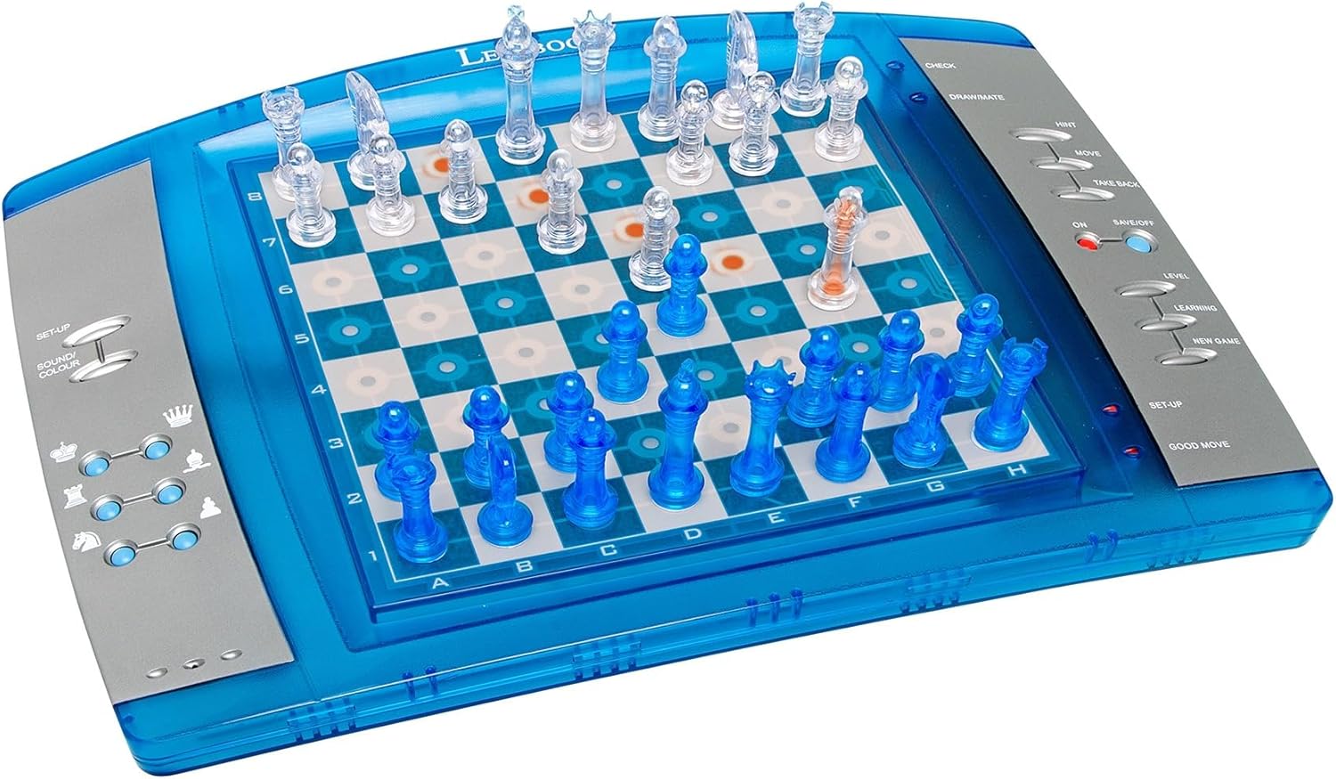 ChessLight®, Jeu d’échecs électronique avec Clavier sensoriel et Effets Lumineux et sonores, 32 pièces, 64 Niveaux de difficulté, Piles ou Adaptateur, Bleu/Gris, LCG3000 04