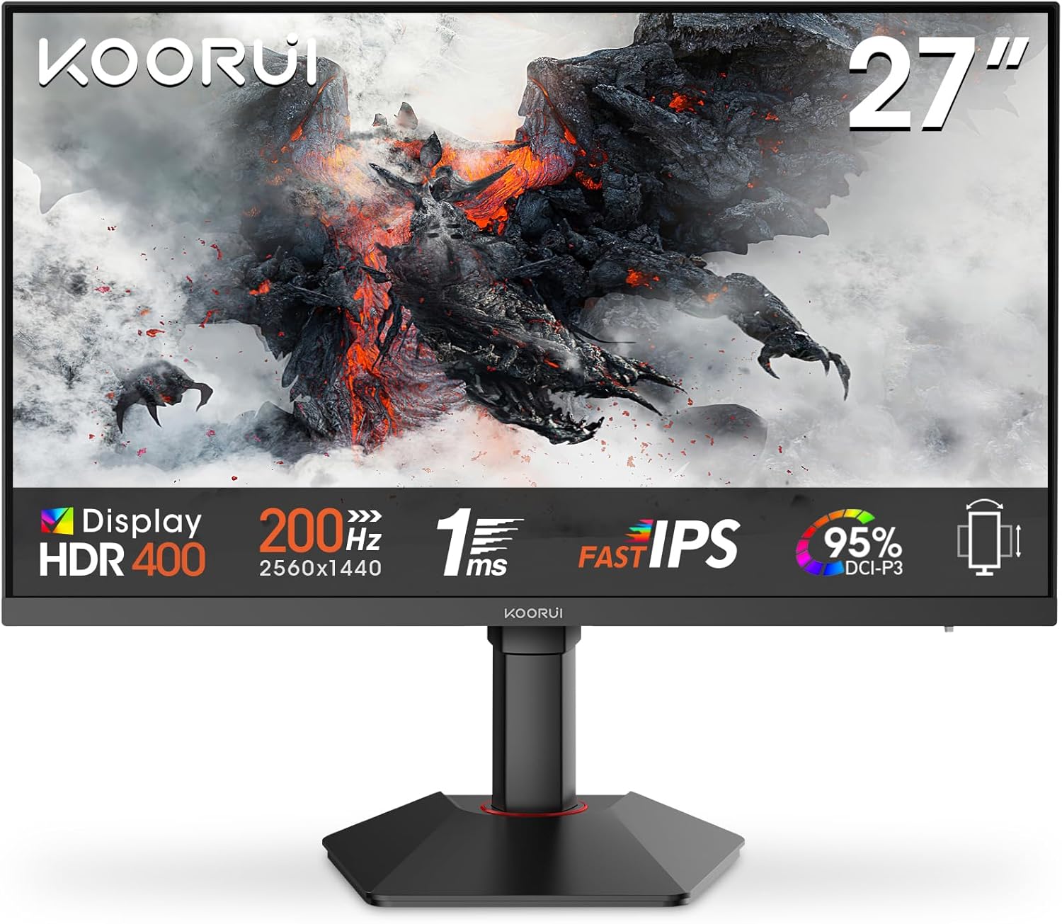 G2722P Ecran PC Gamer 27 Pouces 200Hz, Fast IPS, QHD 1440P Ecran Gaming, 1ms, HDR 400, Adaptive Sync, VESA 75x75mm, HDMI 2.0/DP1.4,Réglage en Hauteur 27 pouces QHD/IPS/200HZ/Rotation