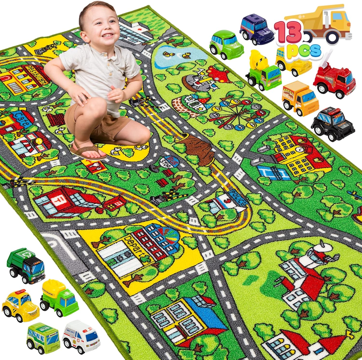 JOYIN Grand Tapis Circuit 80x150cm avec 12 Voitures à Tirer pour Enfants à partir de 3 Ans dans la Salle de Jeux