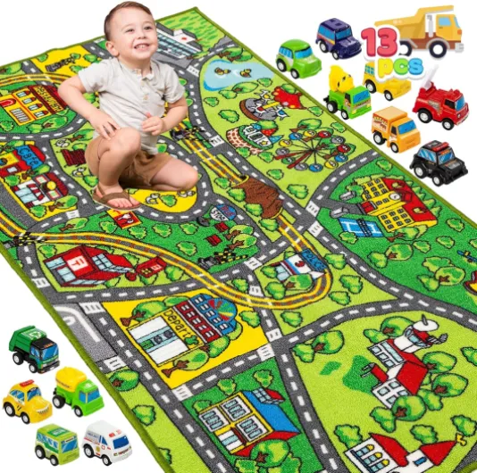 JOYIN Grand Tapis Circuit 80x150cm avec 12 Voitures à Tirer pour Enfants à partir de 3 Ans dans la Salle de Jeux