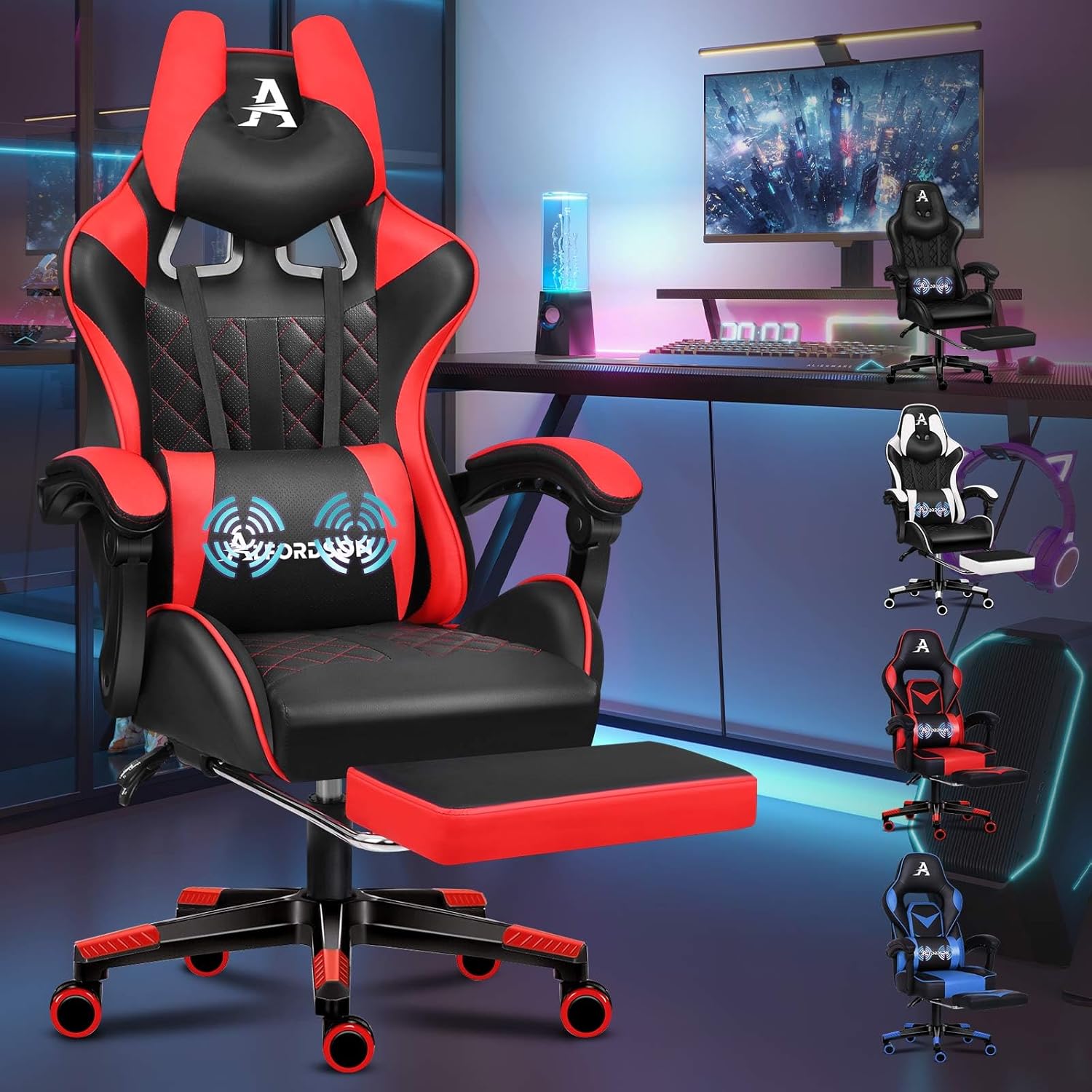 Chaise de Jeu Haut de Gamme avec Repose-Pieds et Support Lombaire, Conception Ergonomique, Inclinaison à 150°, Chaise de Bureau en Cuir pour Les Jeux Bureau, capacité 180kg, Cuir PU, Rouge Eryx - Rouge Série Ethan