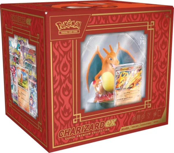 TCG : Dracaufeu ex Super-Premium Collection (3 Cartes en Aluminium, 1 Figurine d'affichage de Cartes et 10 boosters)