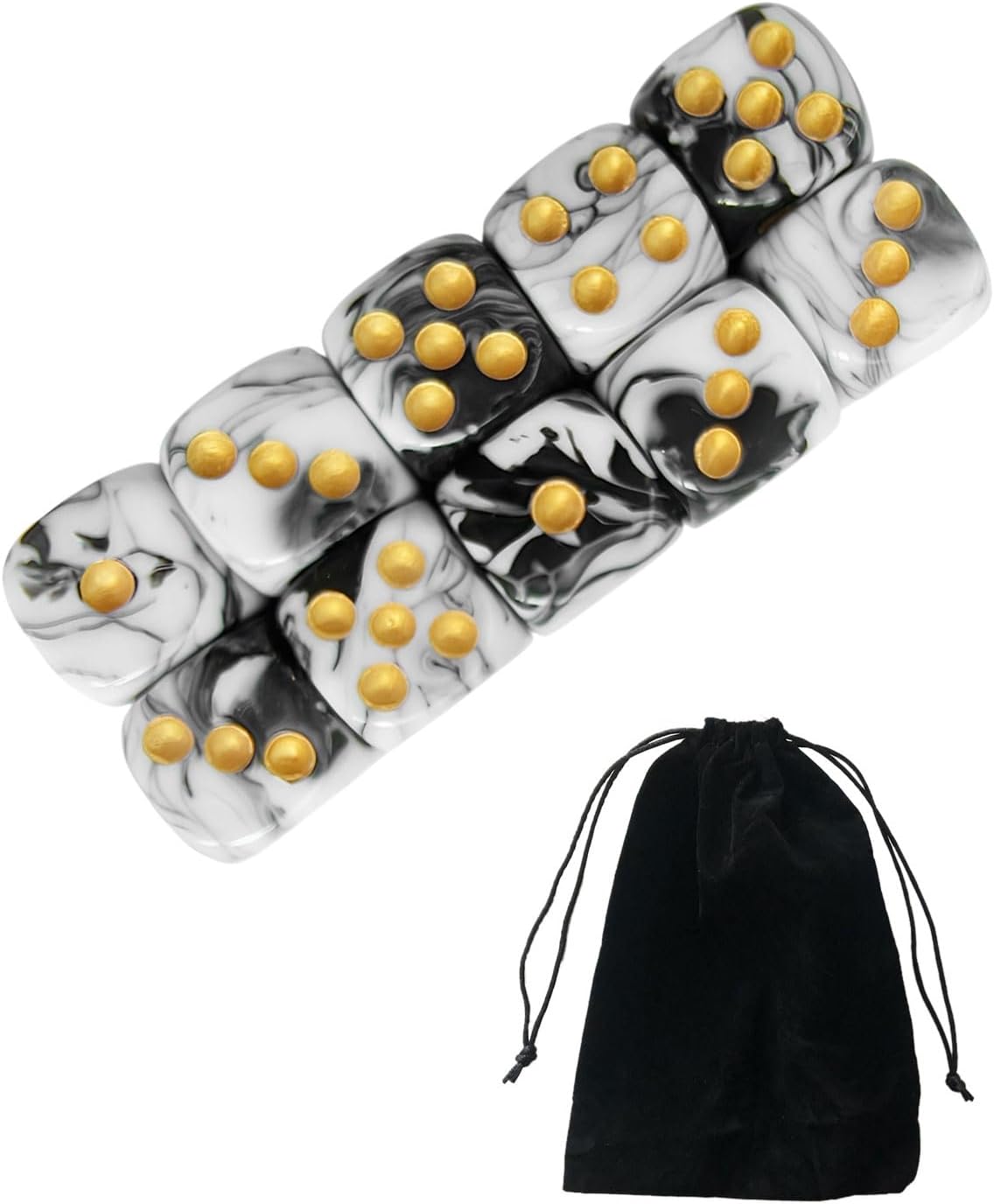 10 PCS Dés,16mm D6 Dé en Acrylique,Dés Blanc-Noir avec Sac en Tissu,pour Jeux de société,Rôle,Table,Cours de Mathématiques