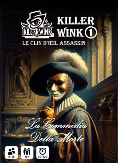 1 - La Commedia Della Morte, Murder Party, Jeu d'ambiance Meurtre-Mystère avec complicité, sans maître du Jeu, rejouable à l'infini, 6-18 Joueurs, Age 16+, 30-120 Minutes.