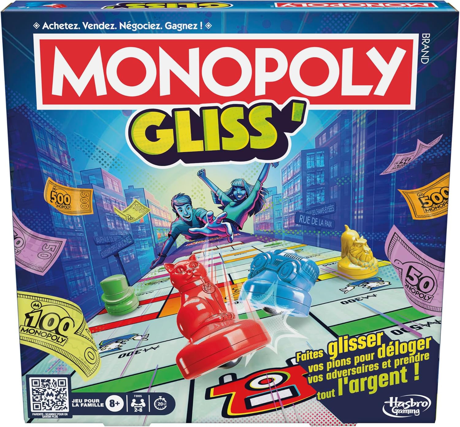 Monopoly Gliss', Jeu de Plateau Familial, Jeu de Société Rapide pour Enfants, Adolescents et Adultes, 2 à 8 Joueurs, Dès 8 Ans