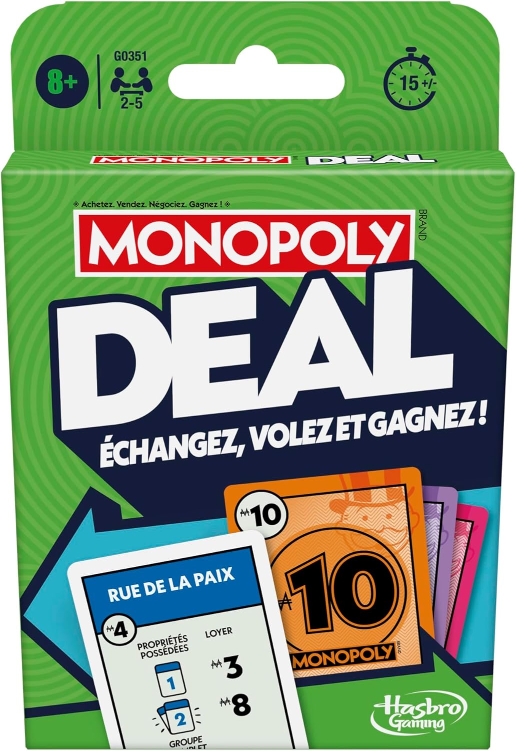 Monopoly Deal, Jeu de Cartes Rapide Inspiré du Jeu de Société Classique, Idée Cadeau d'anniversaire pour Garçons et Filles, Enfants et Familles, Dès 8 Ans